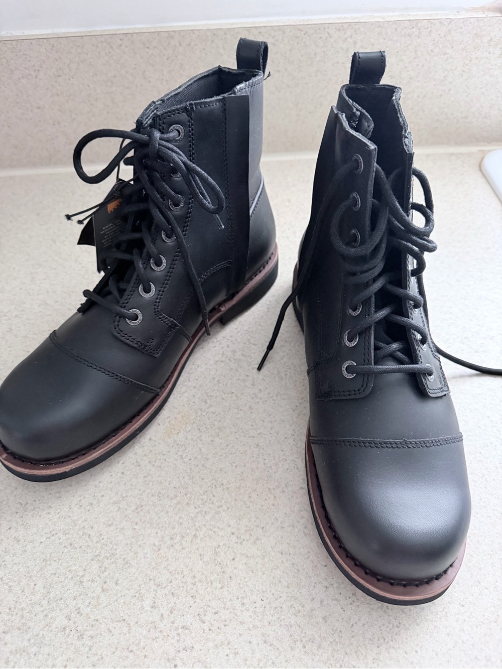 Harley-Davidson Black Leather Lace-Up Motorcycle Boots with Brown Trim